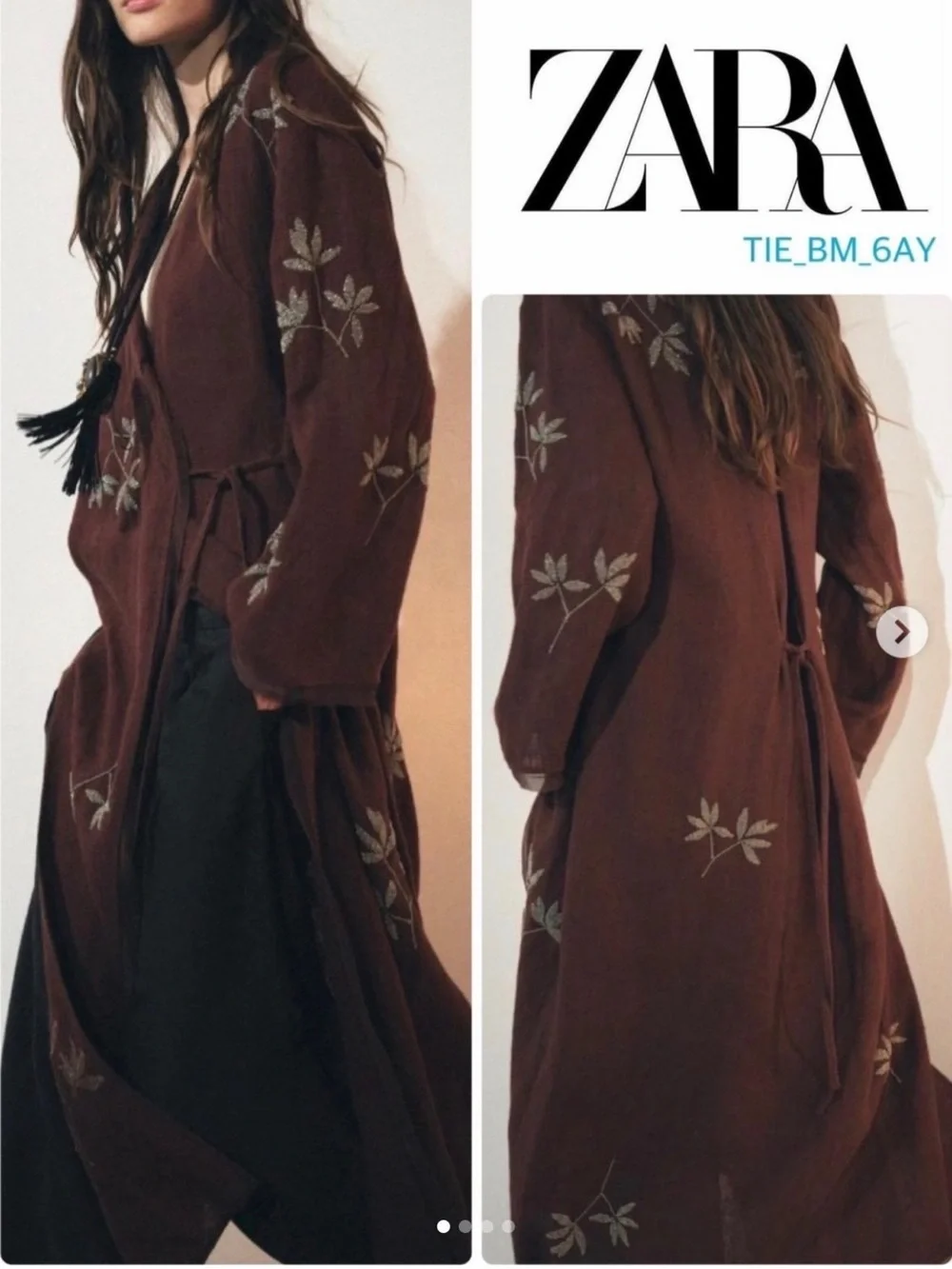 Zara Brown Embroidered Tie-Front Cape
